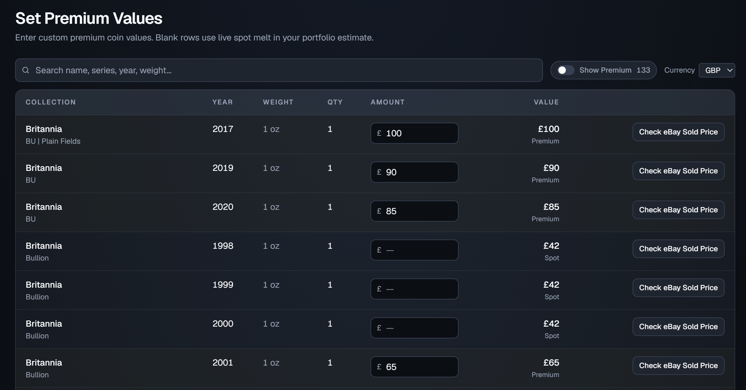Set Premium Values screen