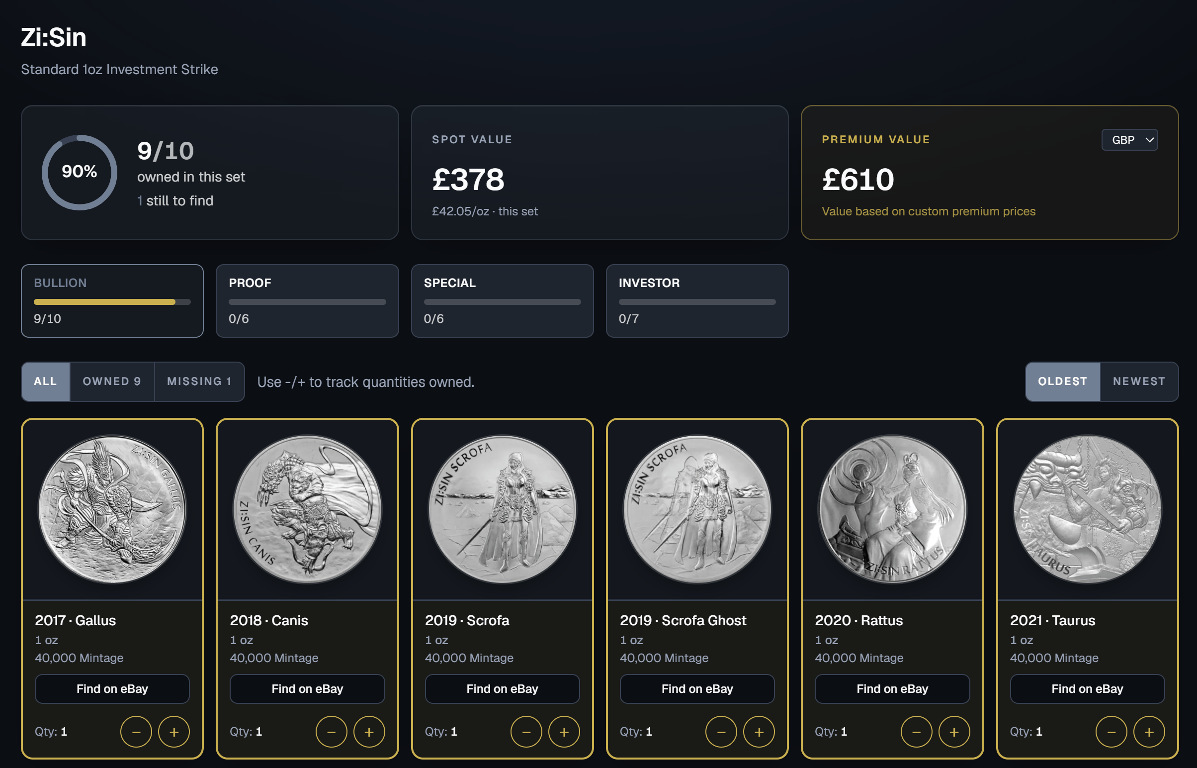 Collection set page showing owned and missing coins